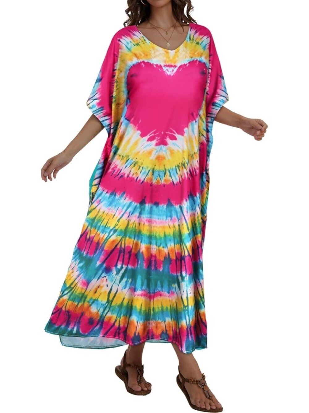 Women's Big Pink Heart Plus Size V Neck Caftan Long Batwing Sleeve Cover Up - Picture 6 of 6